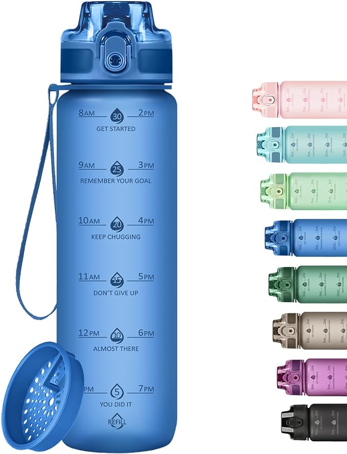 32oz Motivational Water Bottles with Time Marker & Fruit Strainer, Transparent Gradient Color Water Bottle with Times to Drink, Leakproof & BPA Free, Reusable Bottle with Strap (No Straw)-Ruum Studio Home