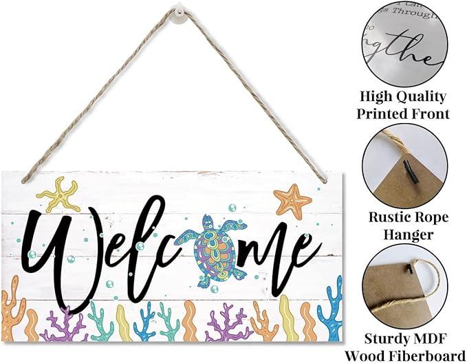 Welcome Decor Sign, Hanging Wood Sign Home Decorative, Printed Wood Wall Art Sign, Ocean Style Welcome Sign, Porch Decor, Farmhouse Front Door Wall Art Sign, Beach House Home Decor Sign 12 * 6inch-Ruum Studio Home
