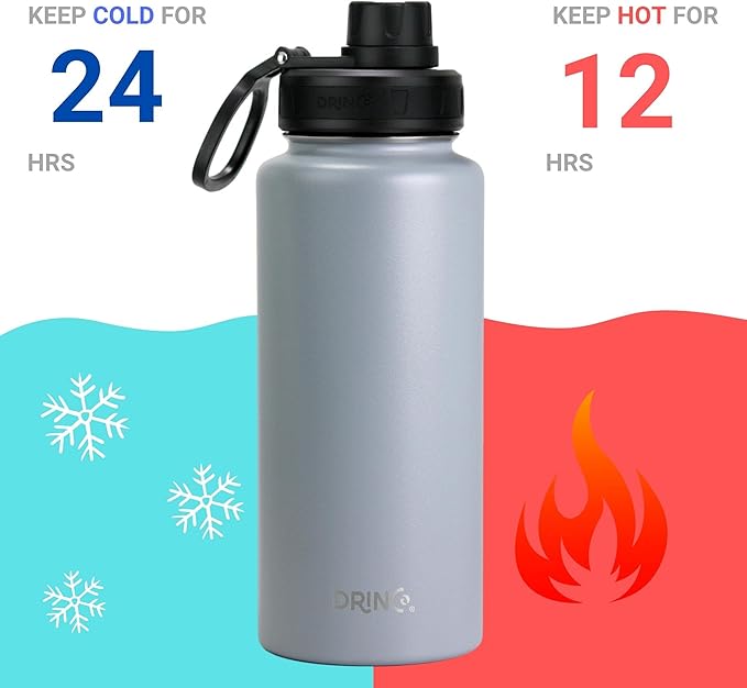 DRINCO Stainless Steel Water Bottle Spout Lid Vacuum Insulated Double Wall Water Bottle Wide Mouth (40oz 32oz 22oz 18oz 14oz) Leak Proof Keeps Cold or Hot (32 oz, 32oz Asphalt Gray)-Ruum Studio Home