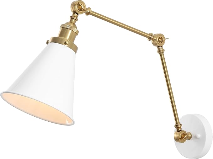 JONATHAN Y JYL7462B Rover 7" Classic Industrial Metal Adjustable Arm LED Wall Sconce, White/Brass Gold for Bedroom, Bathroom, Vanity-Ruum Studio Home