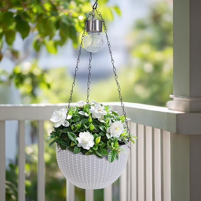 Hanging Pots for Plants Outdoor - 2 Pack White Artificial Rattan Solar Flower Baskets with Drainage Holes & Removable Tray, Garden Gifts for Women/Mothers, Porch, Balcony Decor-Ruum Studio Home