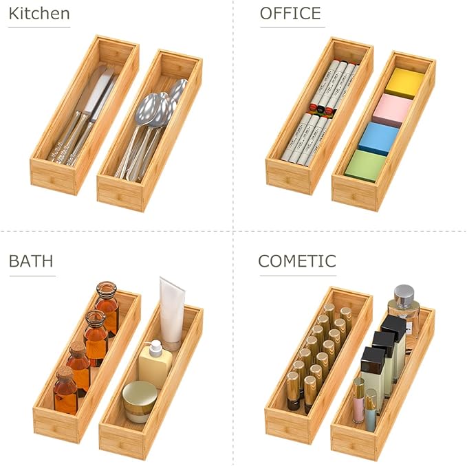 Bamboo Kitchen Drawer Organizer, Stackable Silverware Tray Utensil Organizer Cutlery Holder for Kitchen,Wooden Storage Box for Bathroom, Multi-Use Storage Bins Dividers for Office(12x3x2.5 inch）-Ruum Studio Home