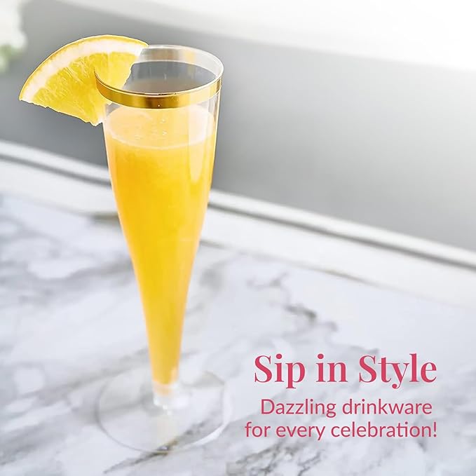 Prestee 48 Disposable Plastic Champagne Flutes with Gold Rim Glitter - Clear Toasting Glasses for Mimosa, New Year’s Eve Party, and Elegant Celebrations - Premium Quality Disposable Stemware-Ruum Studio Home