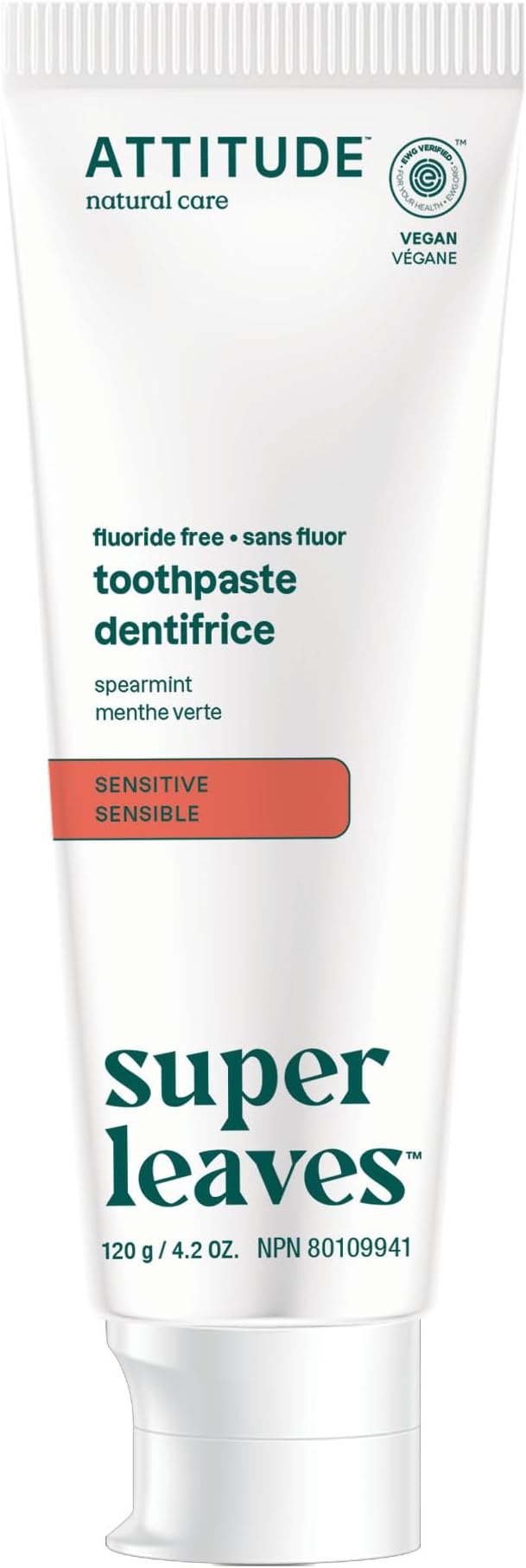 ATTITUDE Fluoride-Free Sensitive Toothpaste, Spearmint Flavor, Vegan & Cruelty-Free, Sugar-Free, Plant & Mineral-Based Ingredients, Clean Oral Care, 4.2 Oz-Ruum Studio Home