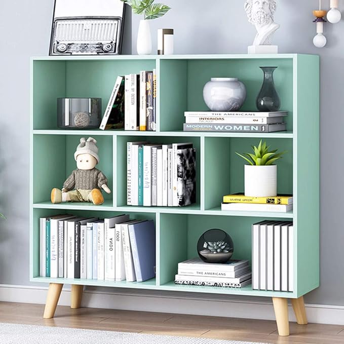 IOTXY Wooden Open Shelf Bookcase - 3-Tier Floor Standing Display Cabinet Rack with Legs, 7 Cubes Bookshelf, Tiffany-Green-Ruum Studio Home