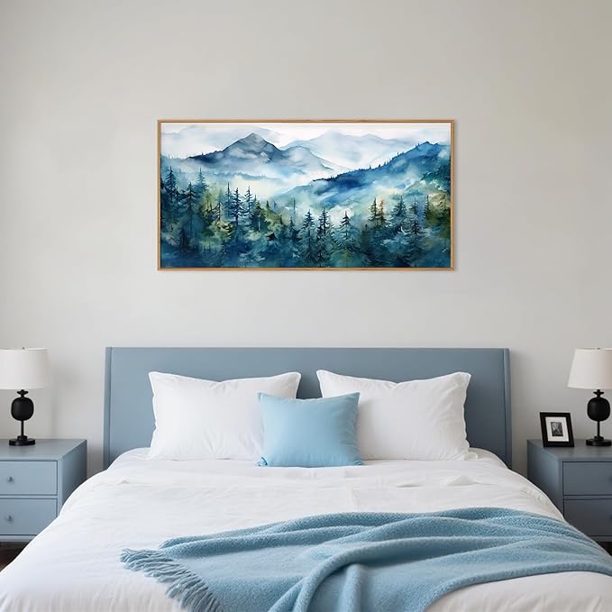 Celestdeco Blue Ridge Mountains Forest Framed Canvas Wall Art Set, Natural Landscape Wall Decor, Green Pine Trees Wall Painting, Woodland Artworks for Living Room, Bedroom, Dining Room - 20"x40"-Ruum Studio Home