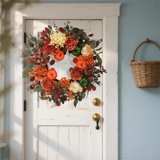 Fall Wreaths for Front Door 24 Inch with Realistic Pumpkin Hydrangea Peony Dahlia Flower, Thanksgiving Harvest Autumn Wreath for Indoor Outdoor Decor, Rustic Farmhouse Seasonal Decoration-Ruum Studio Home