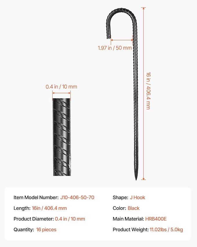 VEVOR Rebar Stakes, 16-Inch, Heavy-Duty 0.4 in Diameter J Hook, Galvanized Steel Ground Anchors with Chisel Point End & Rust-Resistant Coating, for Gardening Support, Fence, Camping Tents (16-Pack)-Ruum Studio Home