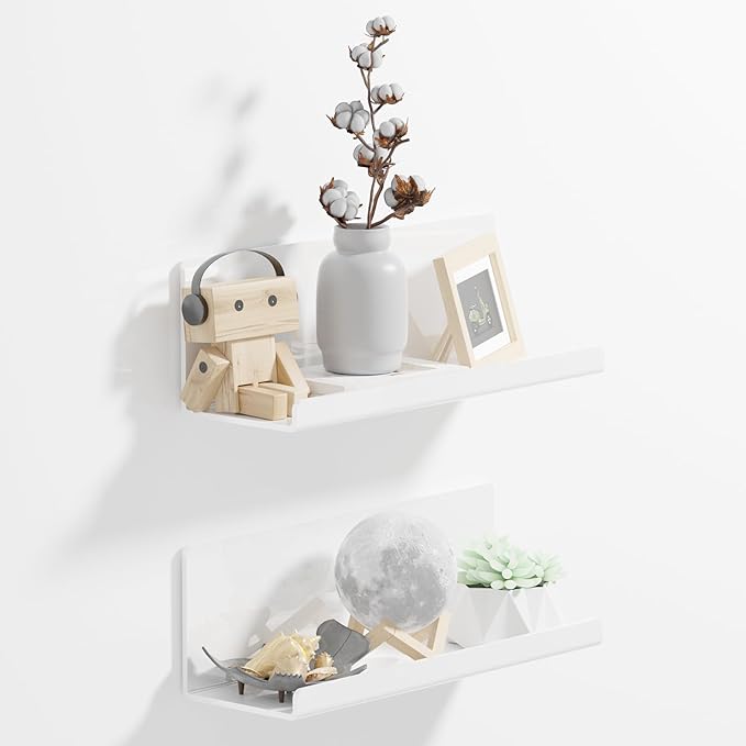 Acrylic Wall Floating Shelves Set of 2, Wall Shelves White 12 Inch Adhesive Wall Organizer Adhesive Shelf for Bathroom, Kitchen, Bedroom, Office, Gaming Room, No Damage, No Drill-Ruum Studio Home