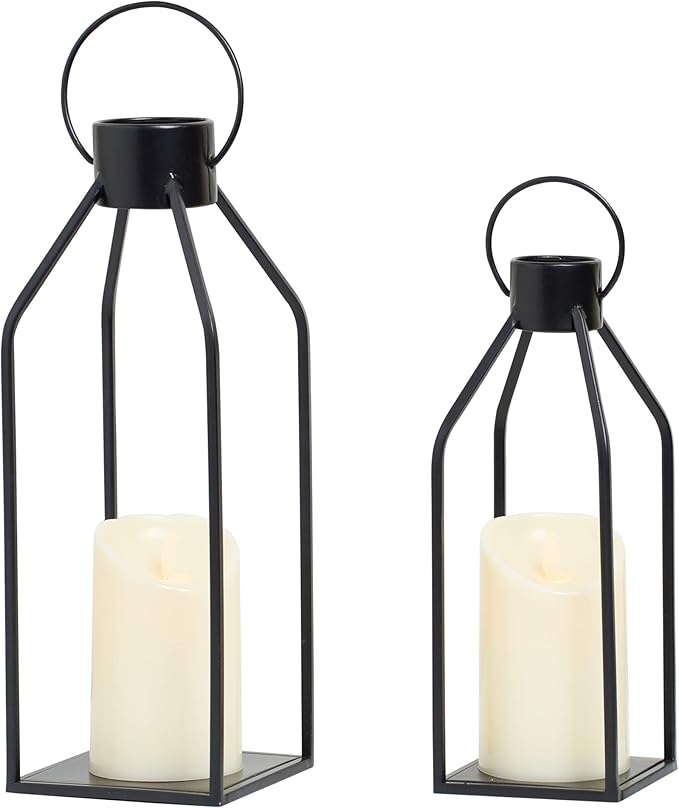 HPC Decor Modern Farmhouse Lanterrn Decor- Black Metal Candle for Summer Night- Lanterns w/Timer Flickering Candles for Living Room,Home,Indoor, Outdoor,Table,Fireplace Mantle Décor-Ruum Studio Home