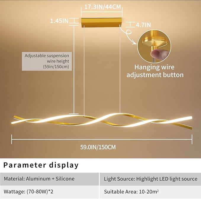 Modern Ceiling Pendant Light, with Remote Control Dimmable 3 Color Mode & Brightness Ceiling Lamp, Anti-Flicker Dining Light Fixture for Kitchen, Dining Room (Gold, 59IN)-Ruum Studio Home