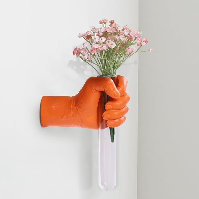 Orange Wall Sculptures, Hand Vases Home Decor, Wall Mount Art Sculpture, Unique Wall Art Statue, Funky Flower Vase Decorations, Modern Eclectic Hanging Decor,Glass Test Tube Vase (Orange)-Ruum Studio Home