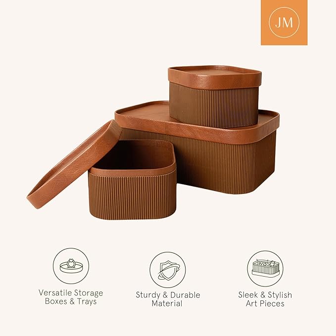 La Jolie Maison Fluted Cardboard Storage Baskets with Leather-Like Lids, Sturdy Stackable Paper Boxes Decorative Tray, Set of 3 Chestnut-Ruum Studio Home