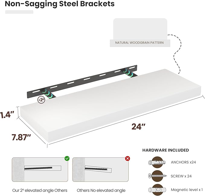 Floating Wood Shelves for Wall 24 Inches x 8”x 1.4” Shelf Floating Home Decor, Heavy Duty Shelf Hold 60 lbs, Wall Shelves for Bathroom Living Room Kitchen Bedroom Office - Set of 2 White-Ruum Studio Home