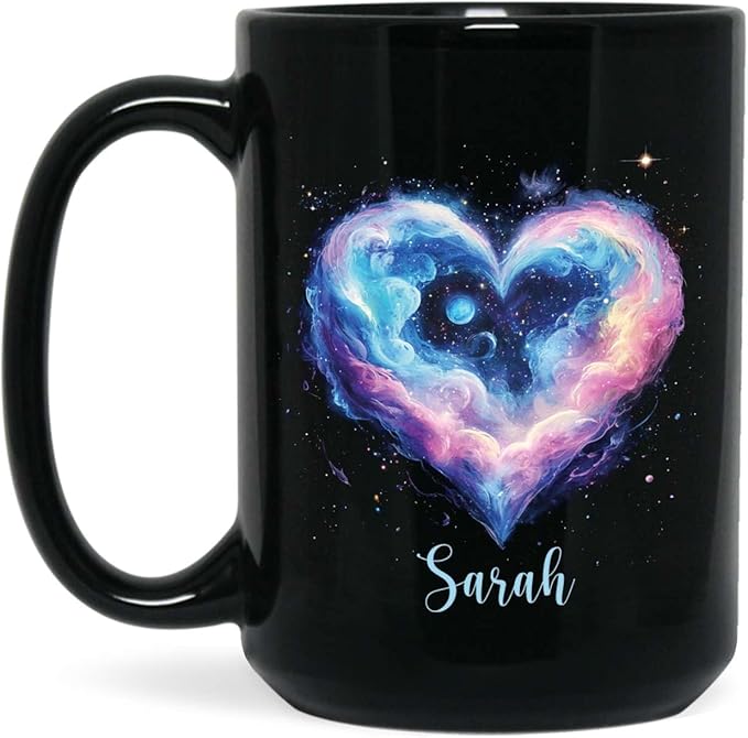 Personalized Love Heart Ceramic Mug, Custom Name Black Cup 11oz Or 15oz, Customized Celestial Themed Coffee Mug, Valentine's Day Themed Keepsake Cup, Gift For Him Her, Heart Mug-Ruum Studio Home