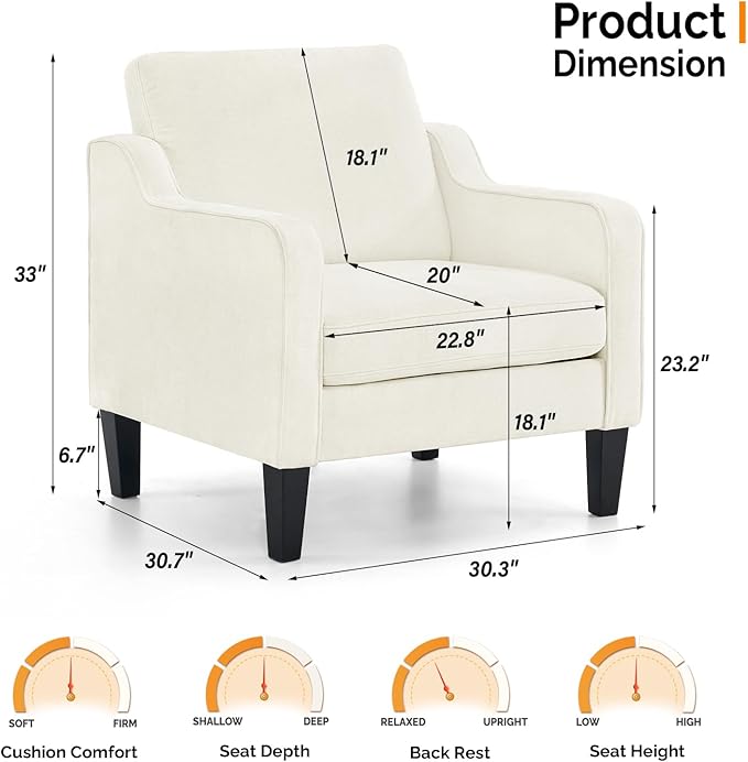 VINGLI Mid Century Modern Accent Chairs for Living Room, Cream White Comfy Reading Chair Soft Chenille Sofa Chairs Upholstered Side Armchair for Living Room, Bedroom, Apartment-Ruum Studio Home