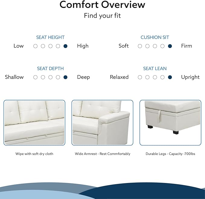 Naomi Home Transform Any Space: Sleeper Sectional Sofa with Convertible Sofa Bed & Inviting Chaise. Find Tranquil Comfort with Stress-Relieving Design & Durable Cushions - White/Air Leather-Ruum Studio Home