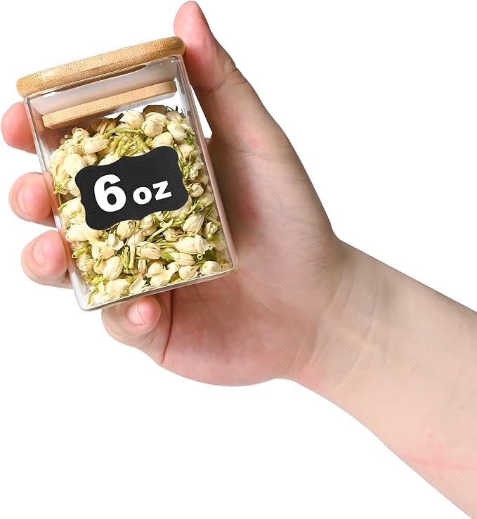 Glass Food Storage Jars Square 6oz, 16 Pack Glass Jars With Bamboo Lids, Kitchen Storage Containers For Spice, Candy, Cookie, Storage For Pantry Organizers-Ruum Studio Home