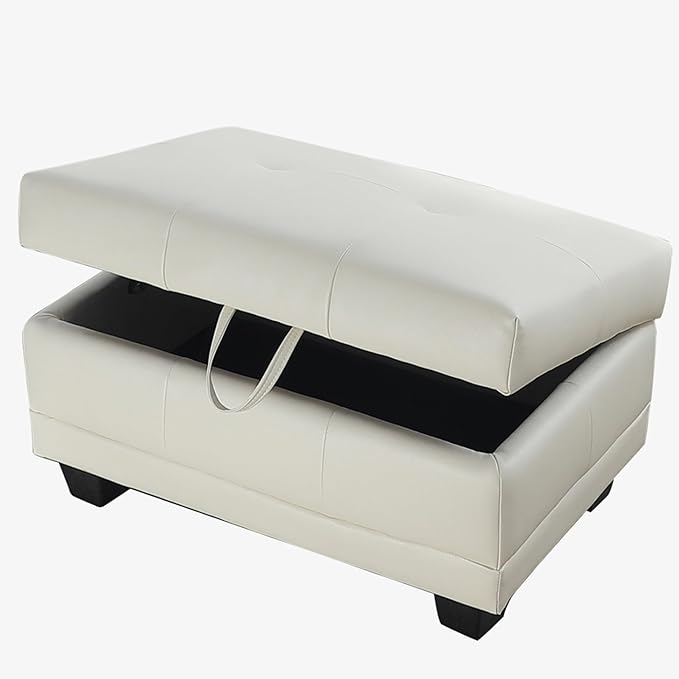 Ottoman Rectangular Storage Ottoman Bench, Faux Leather Footrest, Coffee Table, Stool Footstool with Hinged Lid for Living Room, Bedroom, Entryway, White, 33"x21"x17.5"-Ruum Studio Home