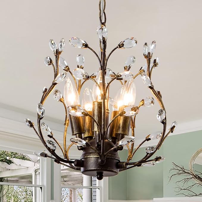 5-Light Vintage Crystal Branch Chandelier Farmhouse Hanging Pendant Light Fixtures for Living Room Dining Room Foyer Kitchen Island Hallway, Aged Bronze-Ruum Studio Home