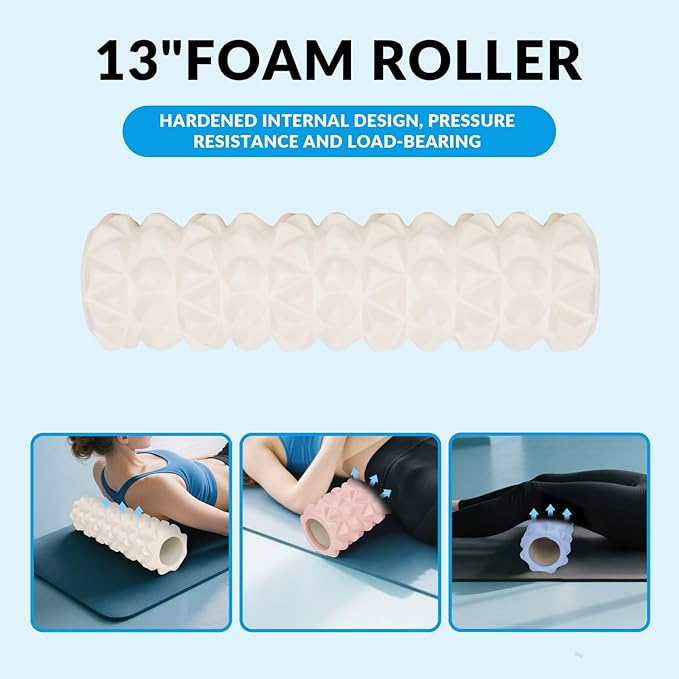 7 in 1 Foam Roller,Products Include Foam shafts,Muscle Roller Bars,Leg Massagers,Fascia Balls,Stretch Bands,8-Shaped Resistance Bands,are Used for Full-Body Relax,Yoga(White Pink Blue) (White)-Ruum Studio Home