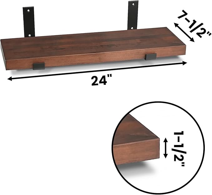 CONSDAN Floating Shelves for Wall Mounted Book Shelf Hanging Shelves Floating Bookshelf for Bedroom, Bathroom, Living Room, Kitchen USA Grown Solid Hardwood, Dark Maple 24x7.5x1.5 in (Set of 2)-Ruum Studio Home
