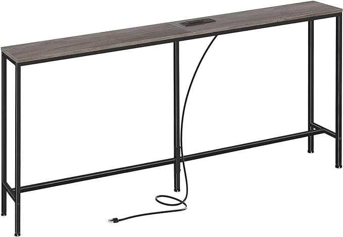 SUPERJARE 70 Inch Console Table with Outlet, Sofa Table with Charging Station, Narrow Entryway Hallway Table, Behind Couch Table, for Living Room, Charcoal Gray-Ruum Studio Home