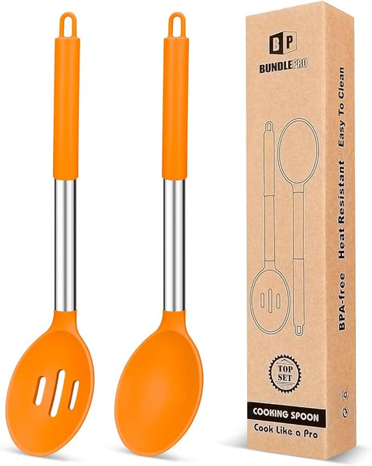 Pack of 2 Large Silicone Cooking Spoons,Non Stick Solid Basting Spoon,Heat-Resistant Kitchen Utensils for Mixing,Serving,Draining,Stirring (ORANGE)-Ruum Studio Home