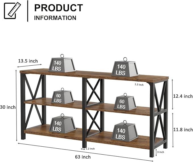 LVB Rustic Console Table, Industrial Wood Metal Sofa Table Behind Couch, Farmhouse Long Entryway Table with Storage Shelf, Large Wooden Foyer Hallway Table for Entry Living Room, Rustic Brown, 63 Inch-Ruum Studio Home