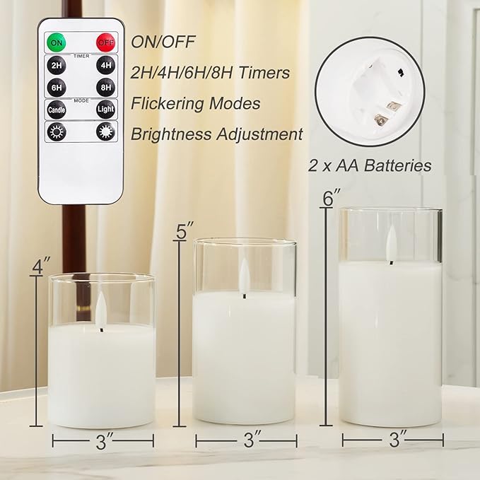 Homemory Clear Glass Flameless Candles, Pure White Wax Battery Operated Candles, LED Pillar Candles with Remote Control and Timers, D3 H4 5" 6", Set of 3-Ruum Studio Home
