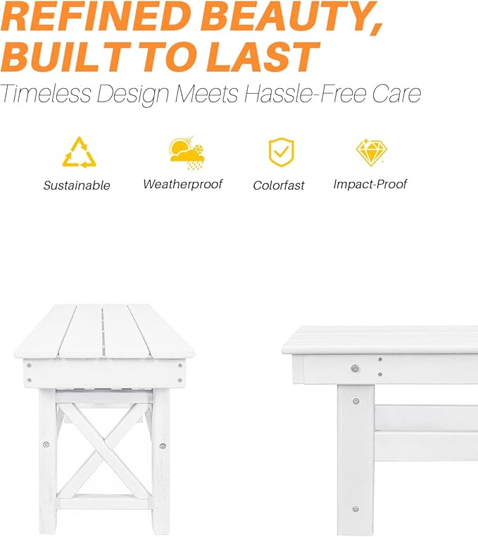 HDPE Outdoor Bench, 55" Patio Bench Outdoor Furniture, Poly Lumber Adirondack Benches, All Weather HDPE Patio Backless Benches for Park, Poolside, Garden, Porch, Pearl-Ruum Studio Home