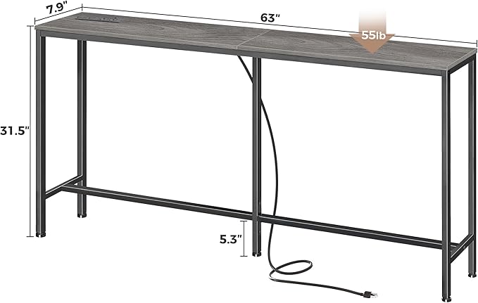 SUPERJARE Console Table with Outlet, 63 Inch Sofa Table with Charging Station, Narrow Hallway Entryway Table, Behind Couch Table Skinny for Entryway, Living Room, Plants, Charcoal Gray-Ruum Studio Home