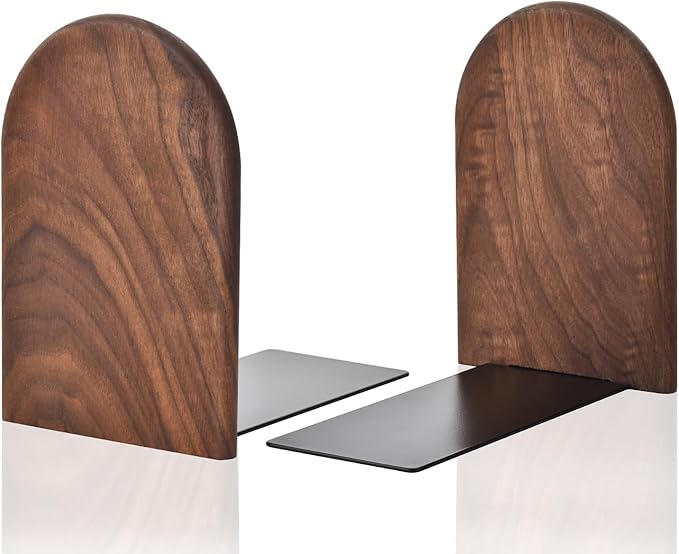 Book Ends, Sturdy Wooden Bookends for Shelves - Heavy Duty Non-Slip Book Organizers, Decorative Bookend Holders for Home Office, Library, Black Walnut Universal Economy Bookend, Medium, 1 Pair-Ruum Studio Home