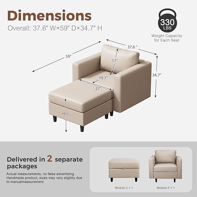 Faux Leather Single Sofa with Storage Ottoman, Modern Accent Chair Deep Seat Large Reading Armchair, Chaise Lounge Chair for Living Room Bedroom Office Whitesand-Ruum Studio Home