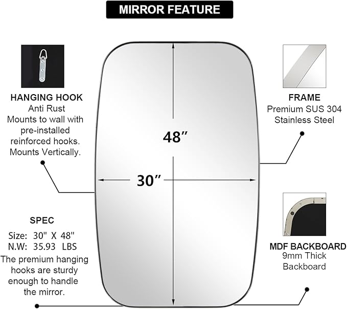 ANDY STAR Chrome Oblong Mirror, 30x48 Inch Polished Chrome Oval Mirror for Bathroom with Stainless Steel Metal Frame, Wall Mouned for Bathroom, Living Room, Entryway-Ruum Studio Home