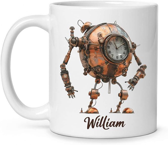 Steampunk Robot Coffee Mug With Custom Name, Customized Mechanical Themed Design Ceramic Cup, Steampunk Enthusiasts White Cup 11oz Or 15oz, Personalized Mug Gift For Daughter Son-Ruum Studio Home