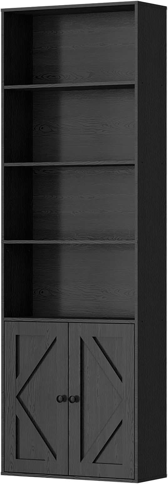 Tall Wooden Bookshelf with Cabinet and Doors – 70.86” Freestanding Tall Bookcase for Heavy Books, Living Room Storage, Home Office Shelf, Bedroom Organization – Vintage Black Wood Book Shelf-Ruum Studio Home
