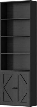 Tall Wooden Bookshelf with Cabinet and Doors – 70.86” Freestanding Tall Bookcase for Heavy Books, Living Room Storage, Home Office Shelf, Bedroom Organization – Vintage Black Wood Book Shelf-Ruum Studio Home
