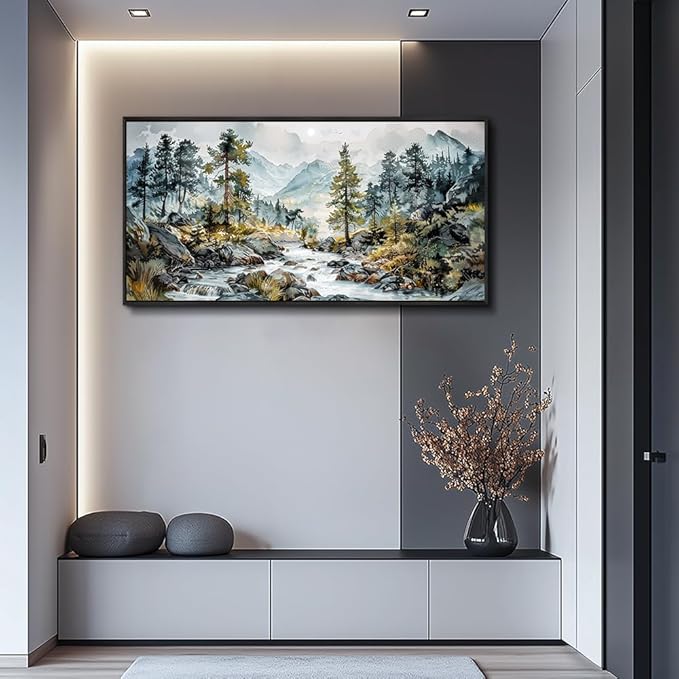 PHAOHUAXM Large Wall Art For Bedroom Wall Decor For Living Room Office Home Decoration Rivulet View Painting Forest Tree Landscape Watercolour Canvas Pictures Ready To Hang Black Framed 20x40 In-Ruum Studio Home