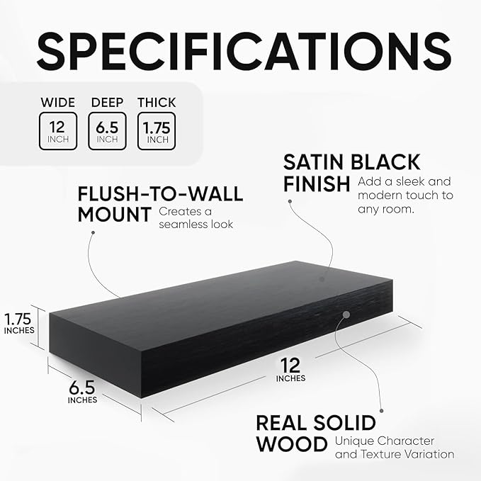 Homeforia Floating Shelf Black 12 inch, High End Solid Real Wood Small 12inch Floating Shelves for Wall Mounted, Black Wooden 12 in Floating Shelves, Heavy Duty Bracket, 12 X 6.5 X 1.75 inch, Set of 2