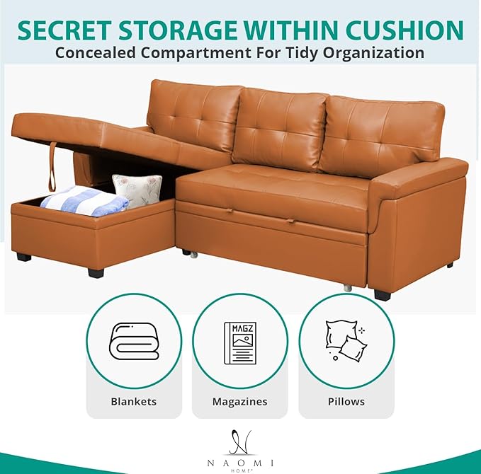 Naomi Home L-Shaped Reversible Sectional Sofa with Pull-Out Sleeper Bed and Storage Chaise, Caramel Air Leather-Ruum Studio Home