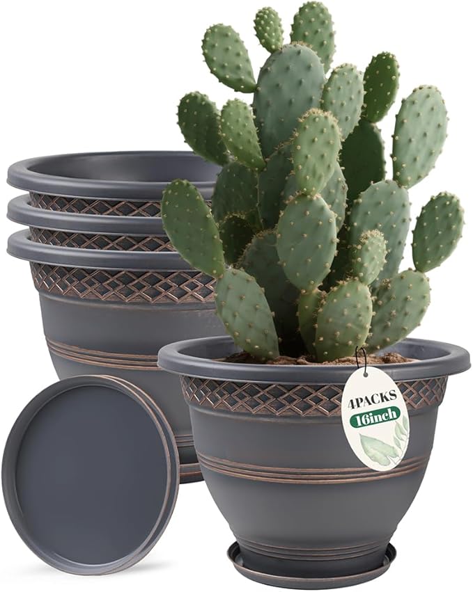 4 Pack 16 Inch Large Plant Pots, Plastic Flower Pot for Indoor & Outdoor with Drainage Holes & Saucer, Plaid Pattern Planters Garden Pots for Herbs-Ruum Studio Home