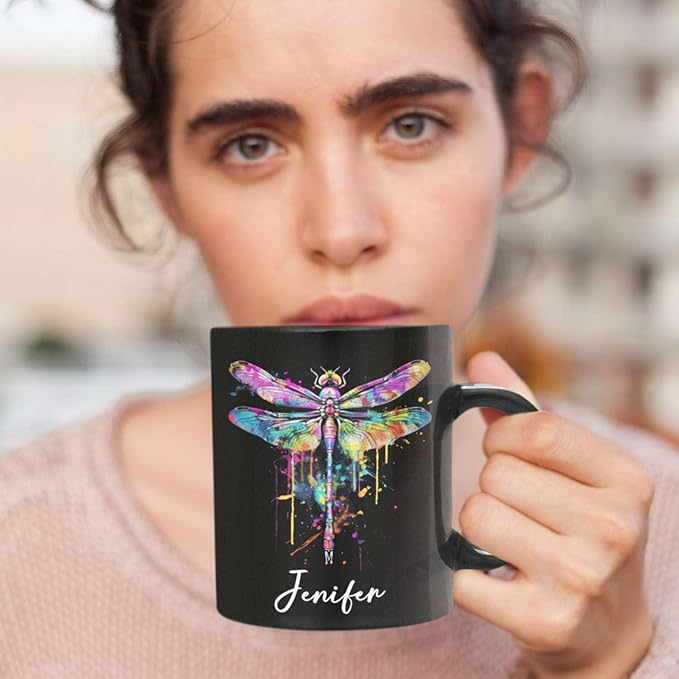 Colorful Dragonfly Ceramic Cup - Personalized Name Coffee Mug for Birthday, Gift for Son Daughter, Customized Black Animal Mug, Dragonfly Lover Cup 11oz 15oz-Ruum Studio Home