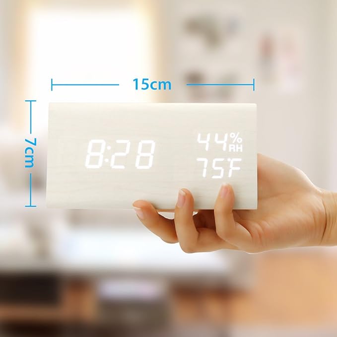OCT17 Wooden Alarm Clock, Wood Alarm Clock Smart LED Digital Clock for Bedroom/desks, Upgraded with Time Temperature, Adjustable Brightness and Voice Control, Humidity Displaying - White-Ruum Studio Home