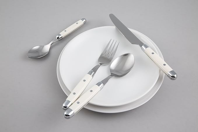Cambridge Silverware Set, Jubilee White 16-Piece Flatware Set, Service for 4, 18/0 Stainless Steel, Silver Mirror Finish Beige Handles, Knives Spoons and Forks set, Dishwasher Safe, (Beige, 16 Pieces)-Ruum Studio Home