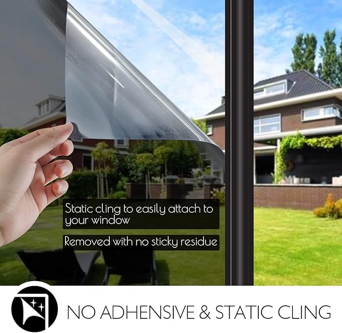 HIDBEA One Way Privacy Window Film, Daytime Mirror Reflective Heat Control UV Sun Blocking Non-Adhesive Static Cling Window Tint for Home and Office(Black-Silver, 41.3 Inch x 13.1 Feet)-Ruum Studio Home