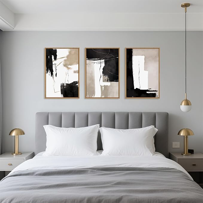 Black White Brown Framed Canvas Wall Art Set, Neutral Geometric Wall Decor, Modern Abstract Wall Painting, Minimalist Artworks for Living Room, Bedroom, Dining Room, Office - 16"x24"x3-Ruum Studio Home