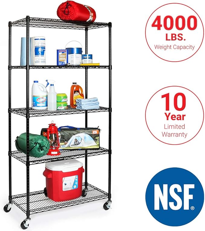 Seville Classics UltraDurable Heavy Duty NSF Solid Steel Wire Rack Storage Unit, Organizer for Garage, Warehouse, Office, Restaurant, Classroom, Kitchen, Black, 5-Tier Shelving, 36" W x 18" D-Ruum Studio Home