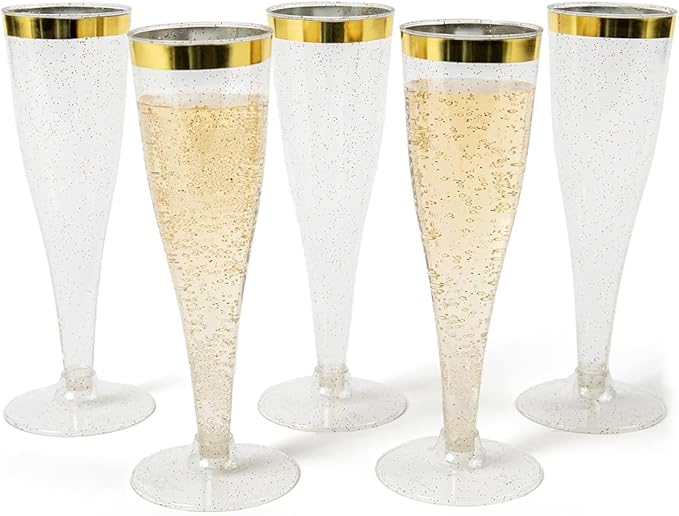 Prestee Set of 24 Plastic Champagne Flutes with Gold Rim - 4.5 oz - Shatterproof Disposable Glasses for Weddings, Cocktail Parties, and Outdoor Celebrations-Ruum Studio Home