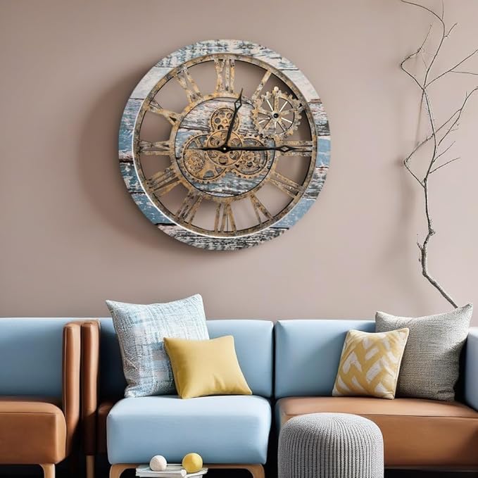 The Original Real Moving Gear Wall Clock Vintage Industrial Oversized Rustic Farmhouse (24 inch (60cm), Vintage Aqua Green and Bronze)-Ruum Studio Home